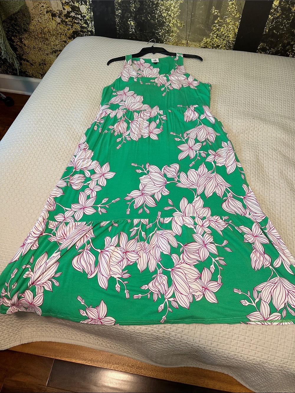 CAbi Green Dress with Pink Floral Accents